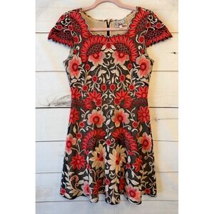 Baraschi Red Floral Embroidered Mesh Mini Dress Short Sleeve AD361 Womens 2